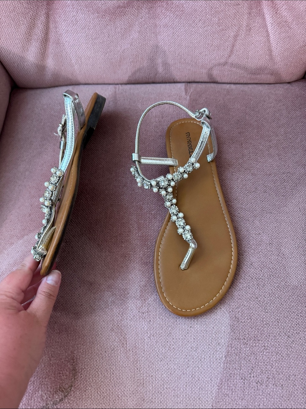 Madden Girl Silver T-Strap Sandals with Pearl & Crystal Accents